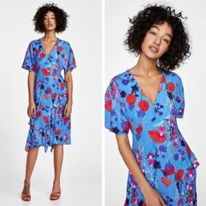 Zara Blue Floral Print Midi Dress Size XS